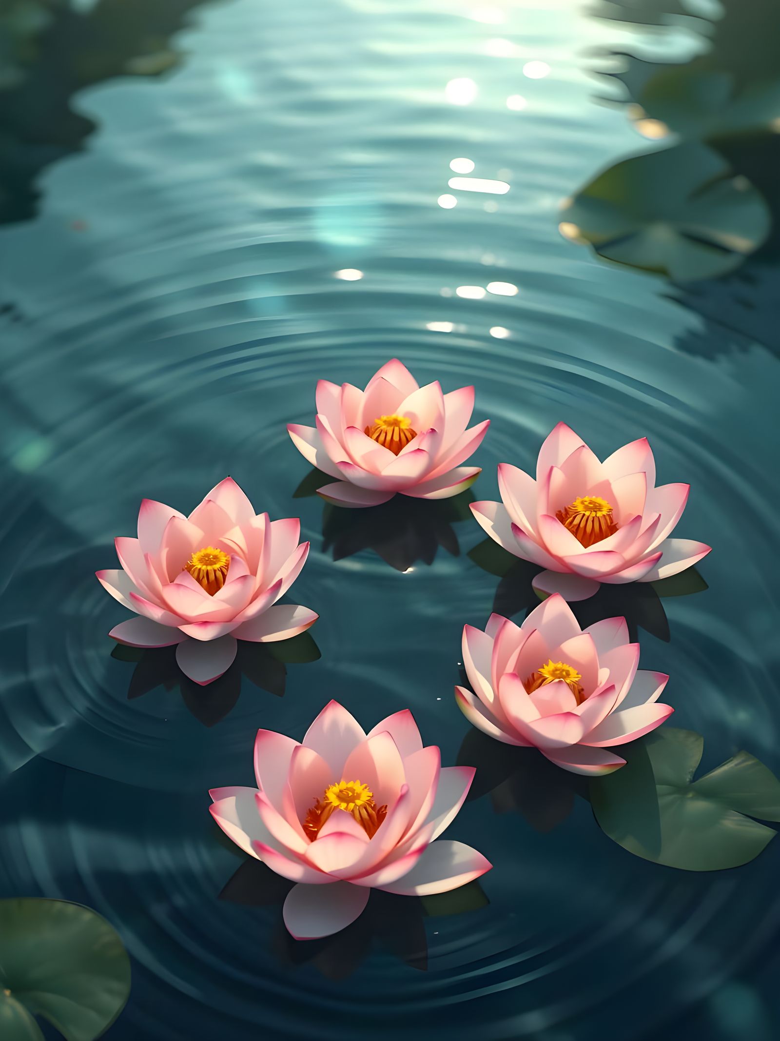 5 Lotus Flowers in Water, Anime-Inspired Concept Art