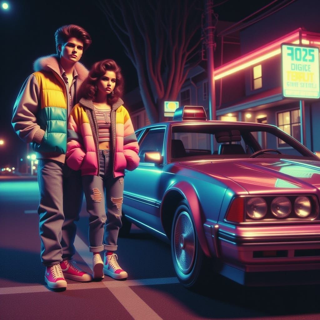 Retro 80s Movie Poster with Time-Traveling Car