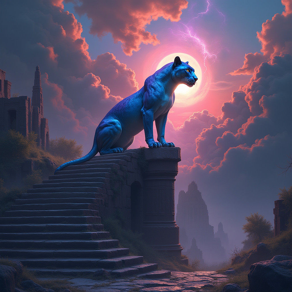 Iridescent Panther-Dog on Ancient Temple Staircase