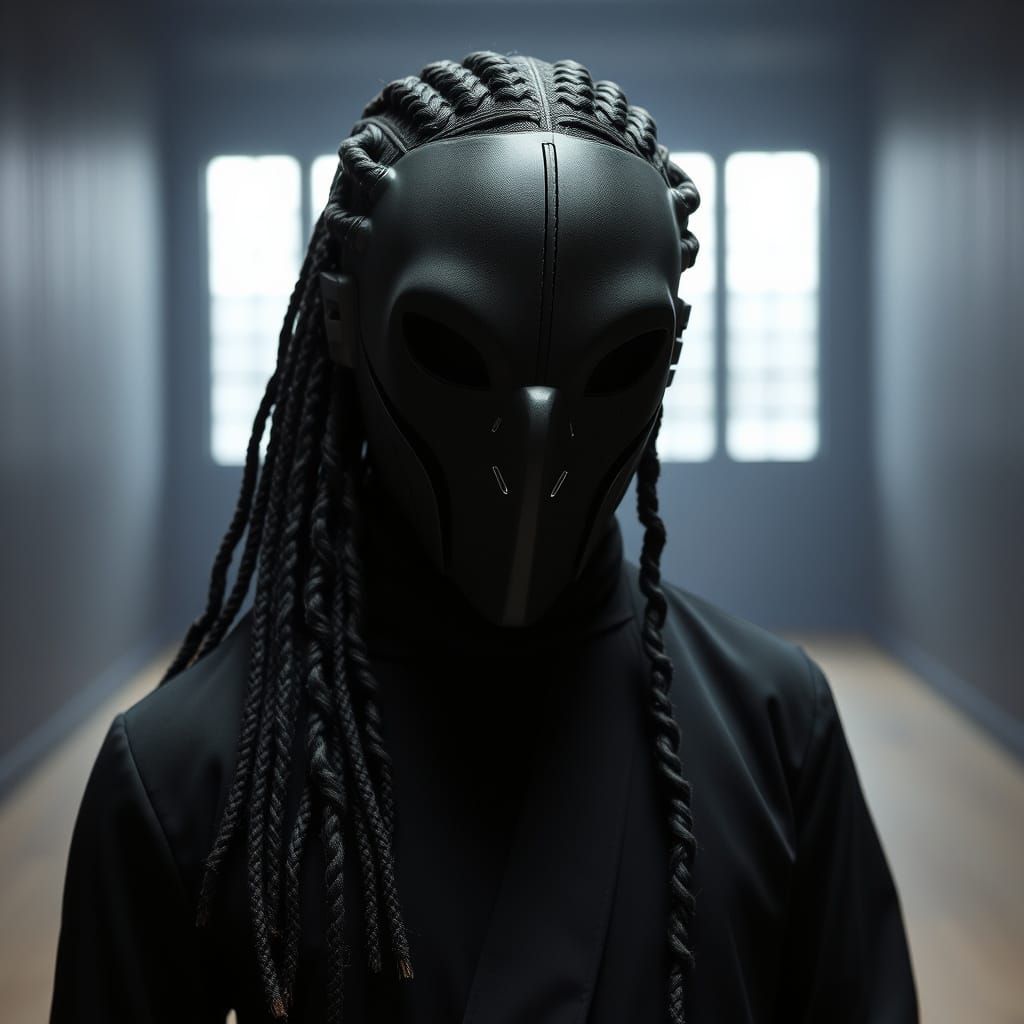 Cyberpunk Masked Figure in Dark Industrial Space