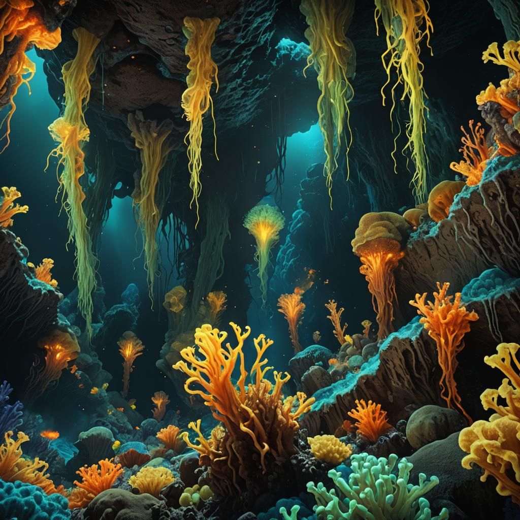 Bioluminescent Deep-Sea Cave Ecosystem with Volcano