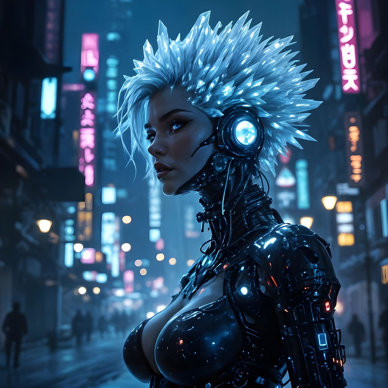 Cyborg Woman in Neon Cyberpunk Cityscape