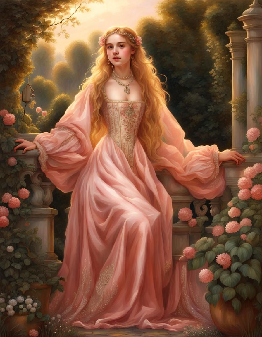 Renaissance Girl in Red Dress with Golden Hair