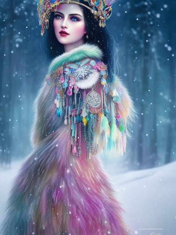 Snowy Tribal WinterKeeper Girl Portrait in Pastel Colors
