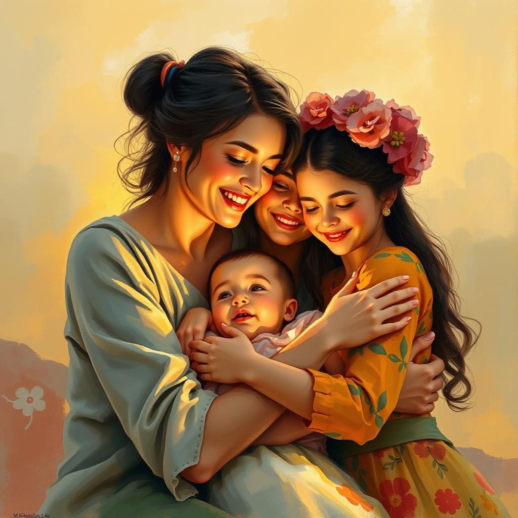 Family Embrace in Impressionistic Style