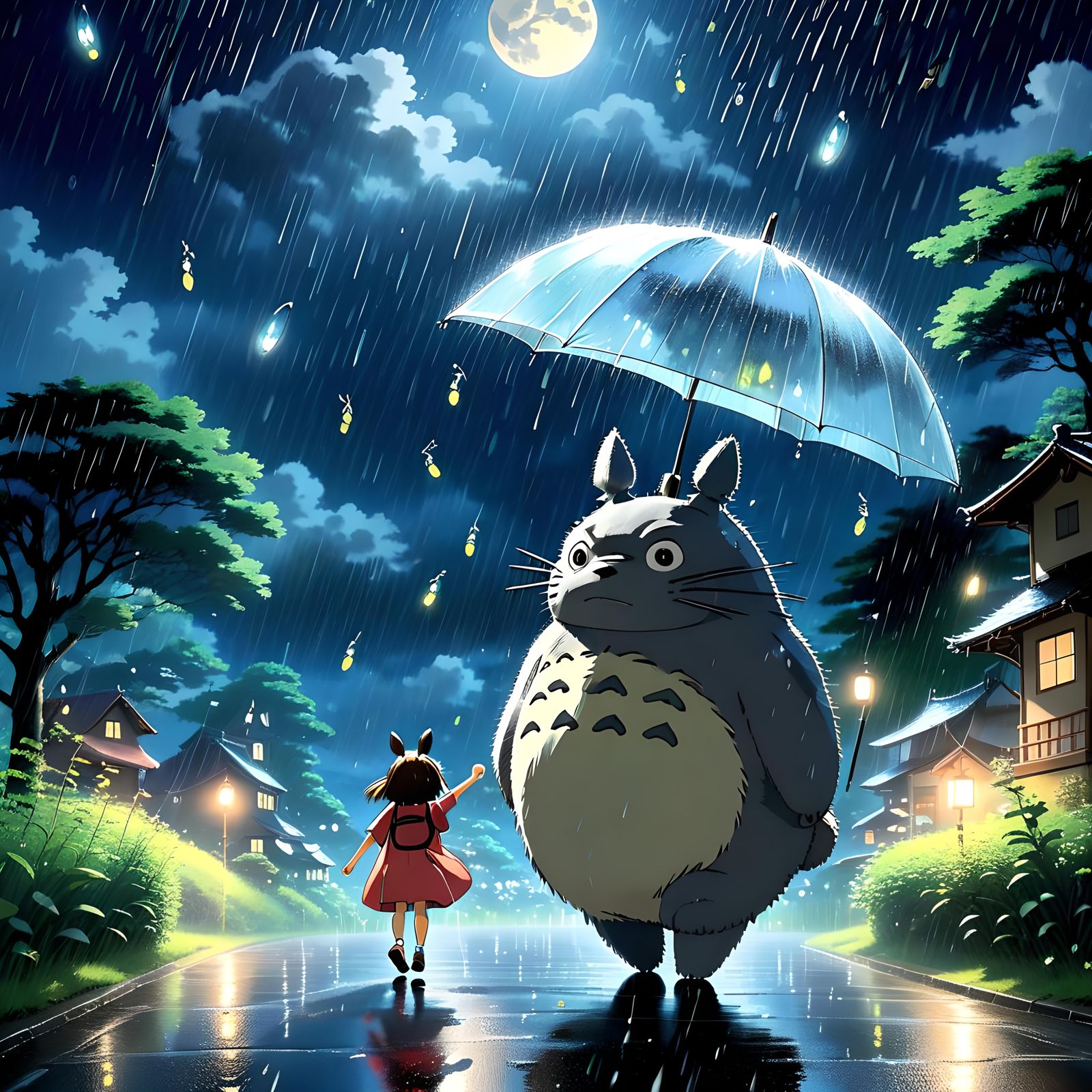 Totoro's Rainy Moonlight Dance: A Miyazaki-esque Scene