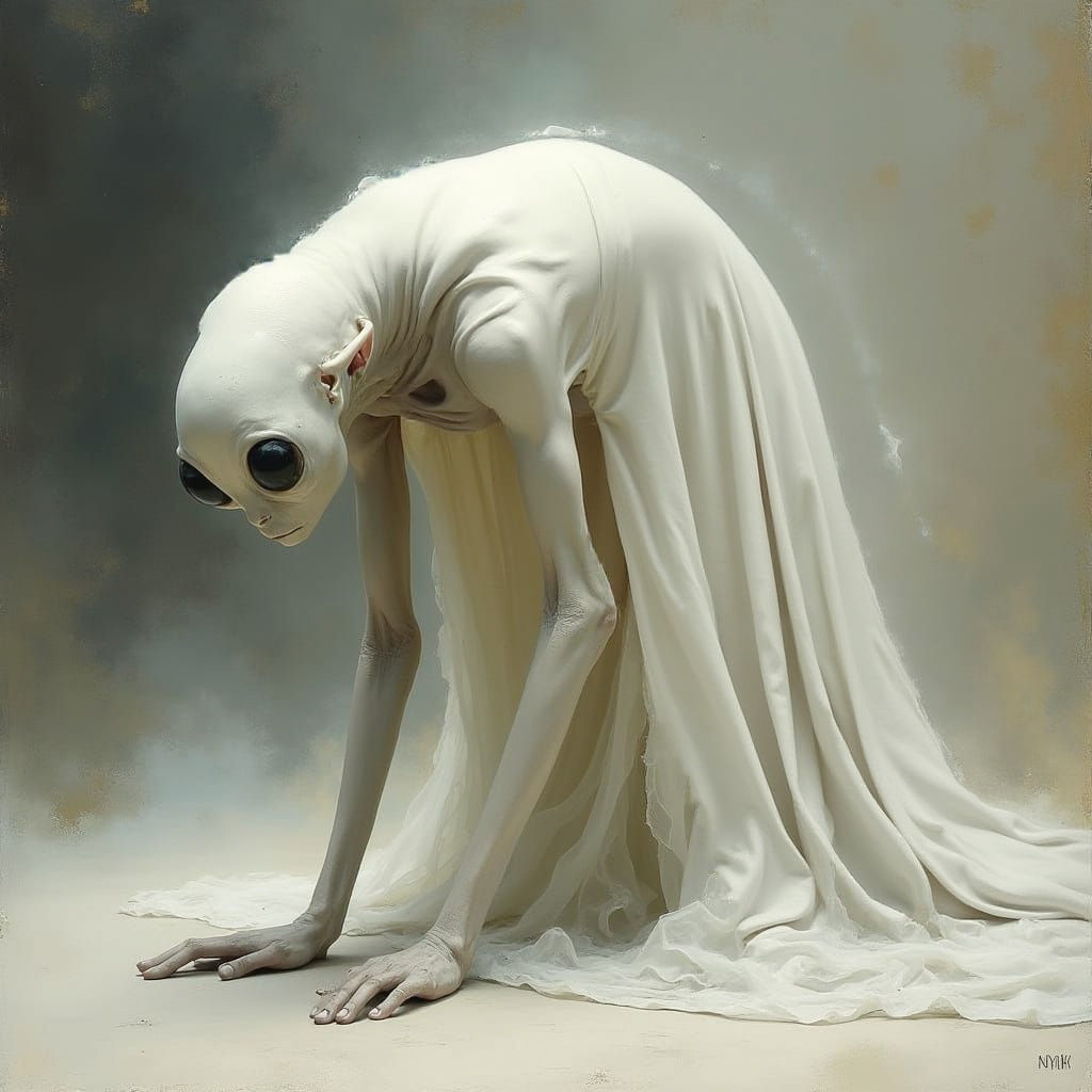 Ethereal Figure Crawls in Shroud, Eyes Dominating Pale Face