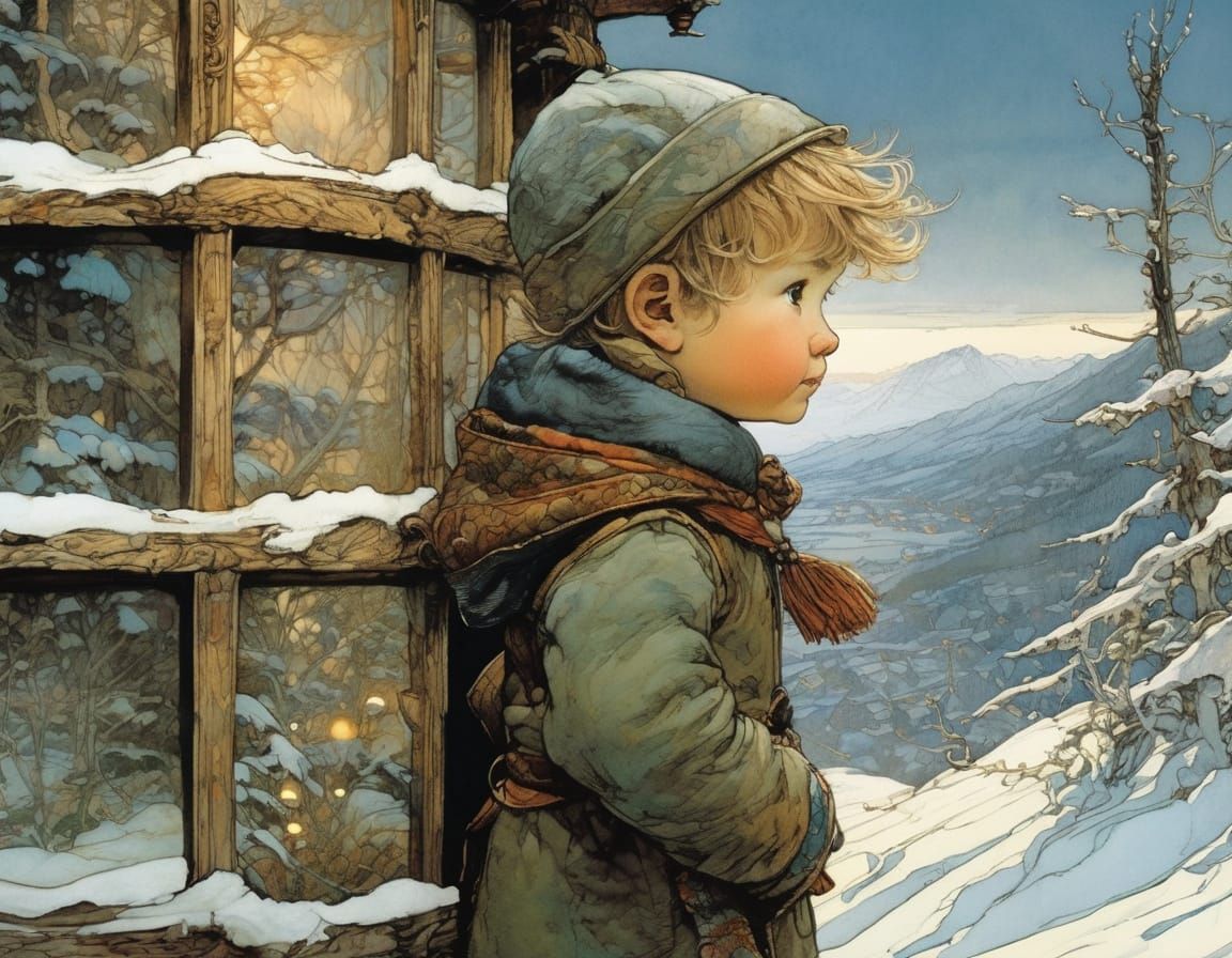 Toddler Gazing at Winter Wonderland: Illustrated Style