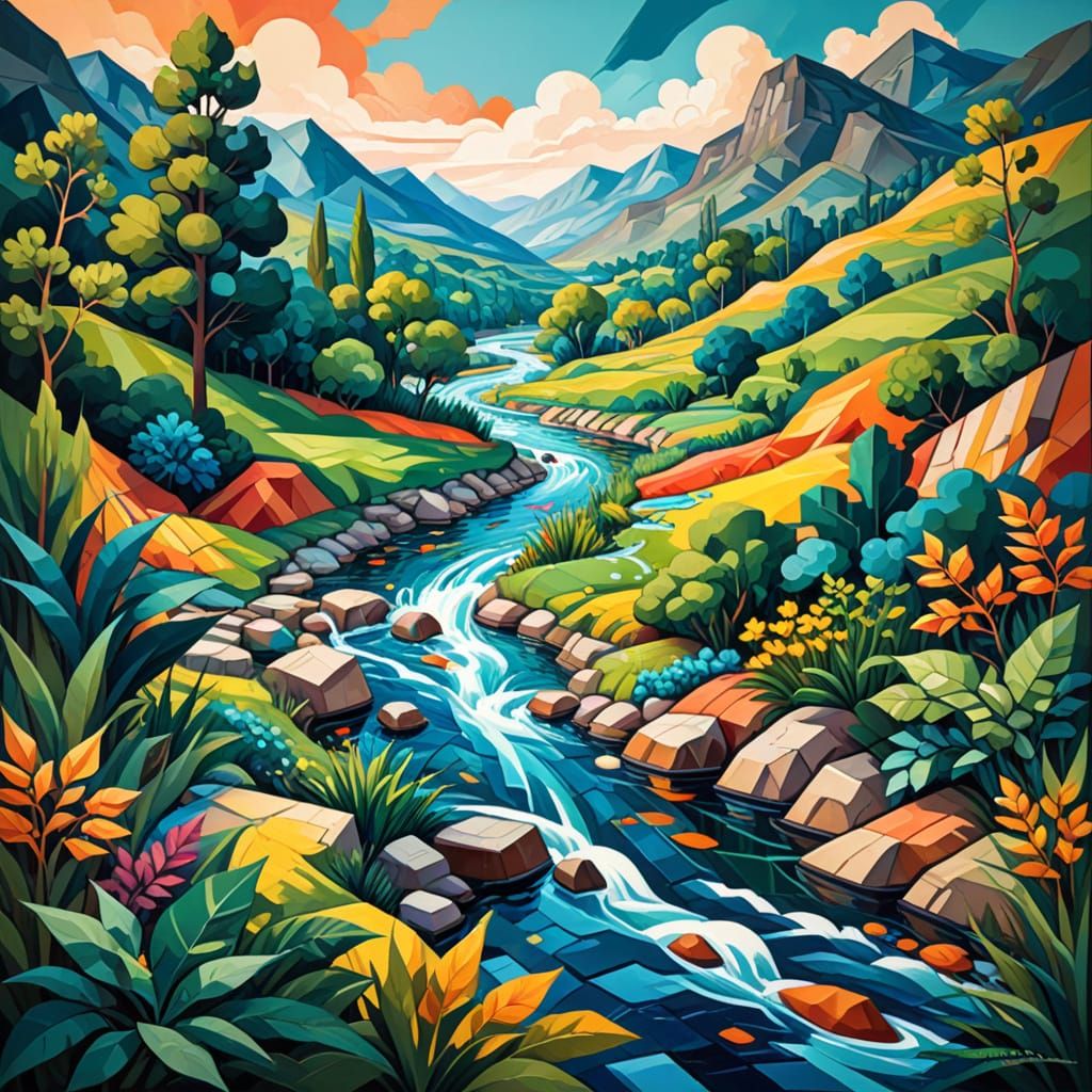 Geometric River Landscape in Cubist Style
