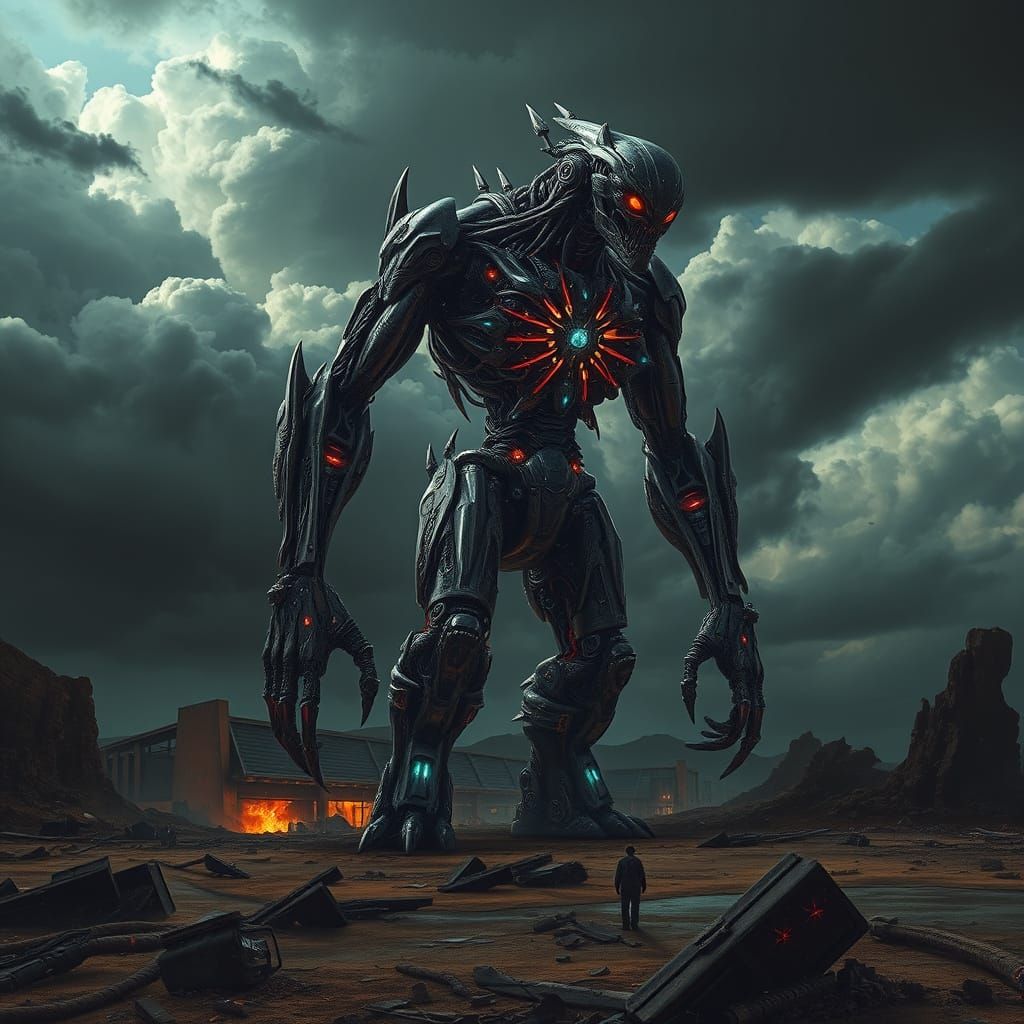 Biomechanical Colossus in War-Torn Landscape