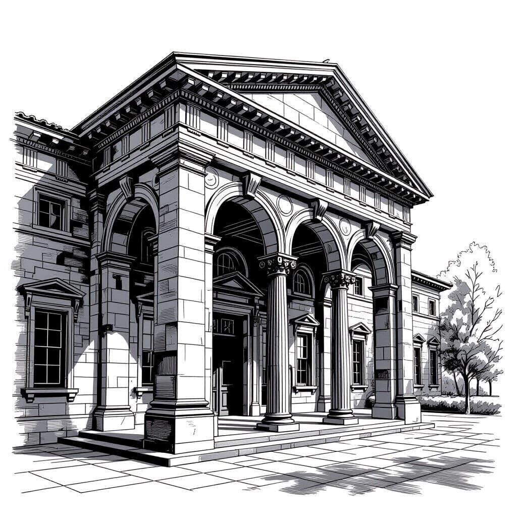 Classical Stone Building: Charcoal Architectural Drawing