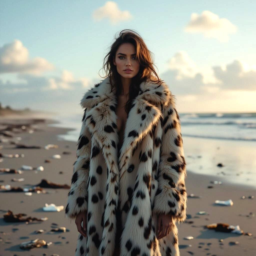 Woman in Fur Coat on Littered Beach, Cinematic Style