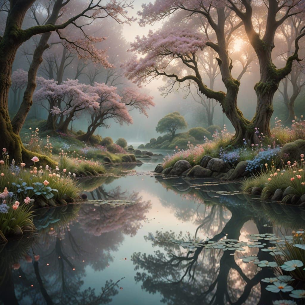 Ethereal Pastel Landscape with Mist and Reflections