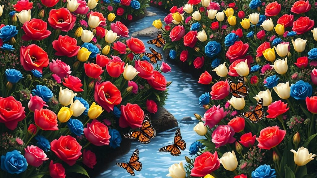 Lush Fantasy Landscape with Roses, Tulips, and Monarch Butte...