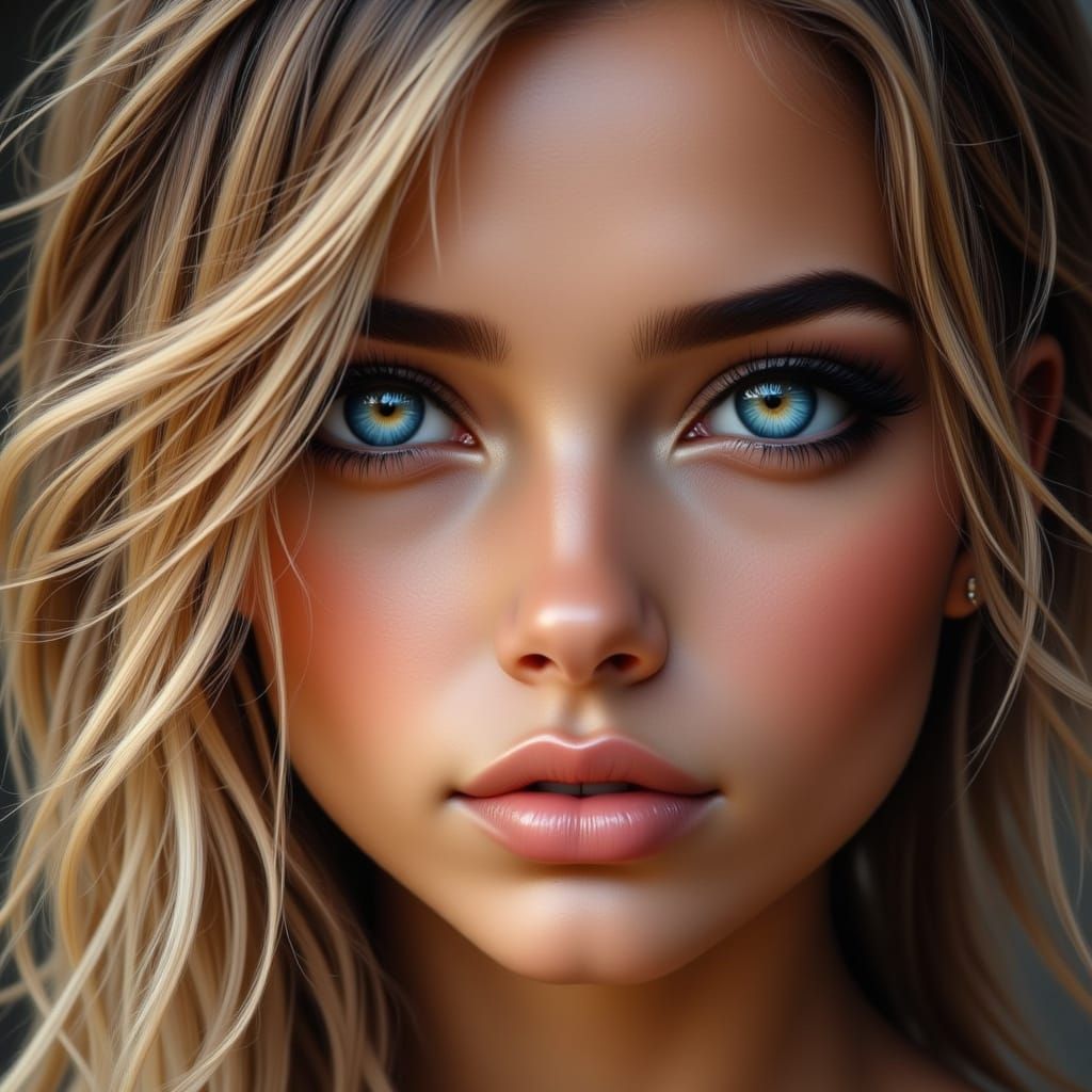Beautiful Woman with Glowing Blue Eyes in Surreal Lighting