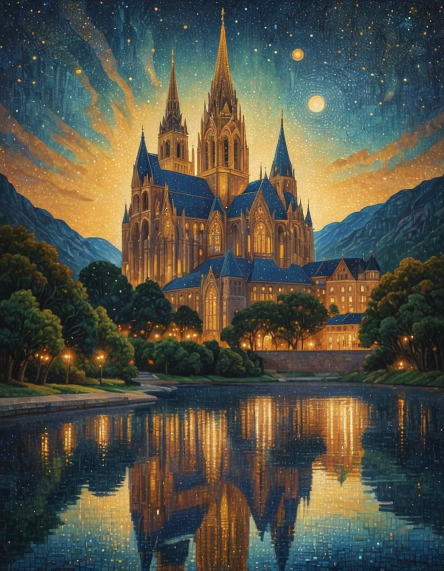 Cathedral Palace in Starry Night: Neo-Pointillist Oil Painti...