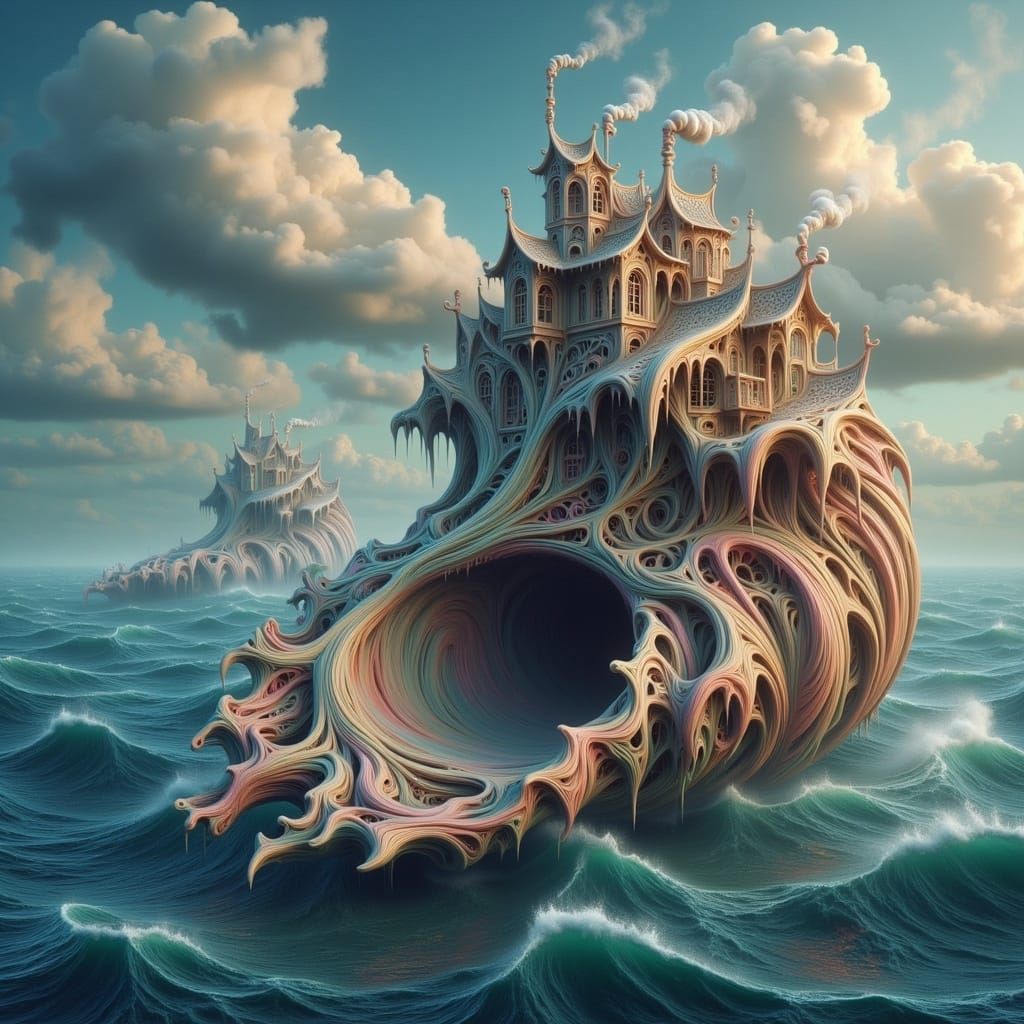 Colossal Seashell with Victorian Figures, Eerie Realism