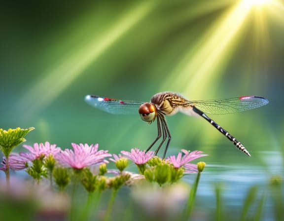 Dragonfly over Pond with Flowers in Soft Focus