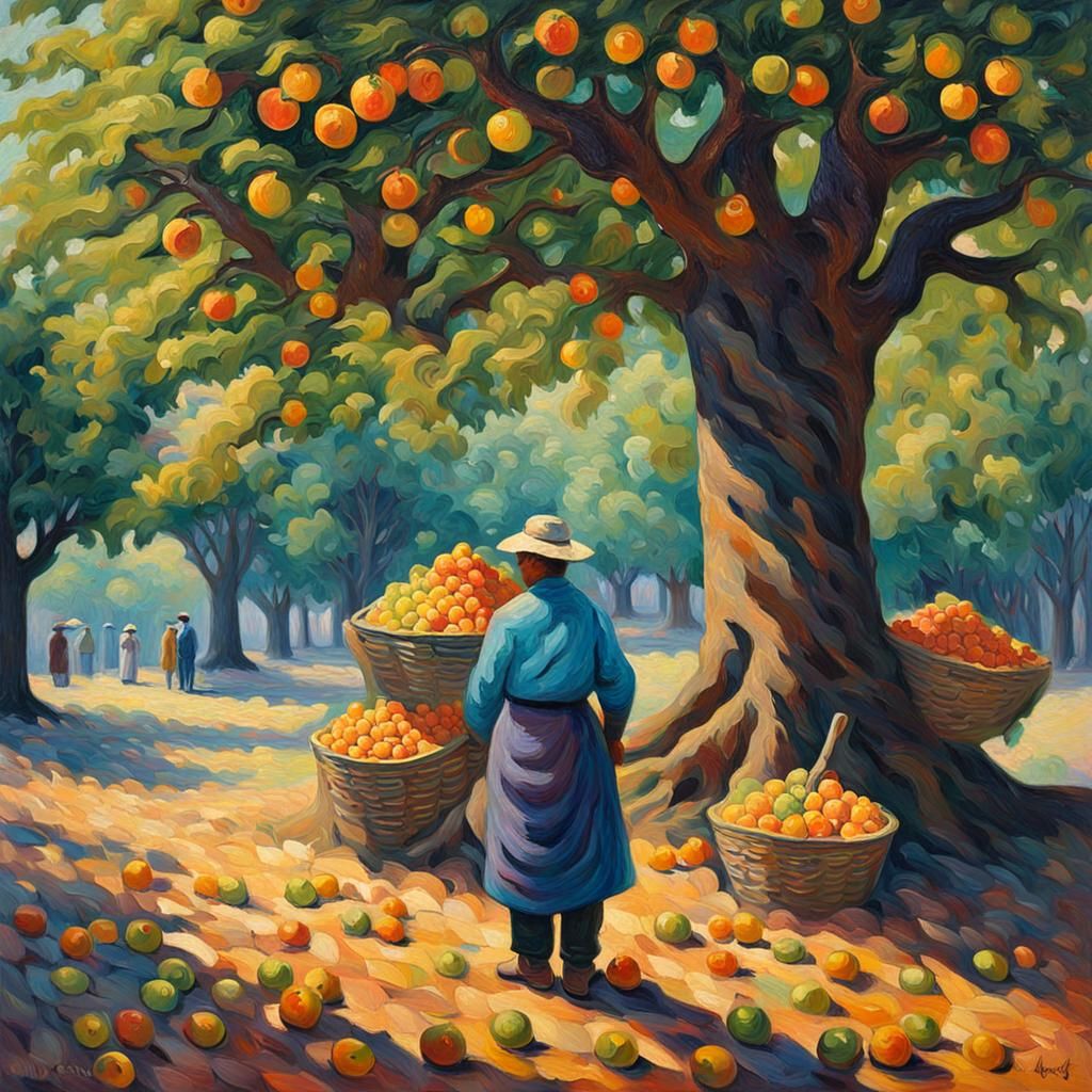 Fruit Seller Beneath Oak Tree: Neo-Impressionist Oil Paintin...