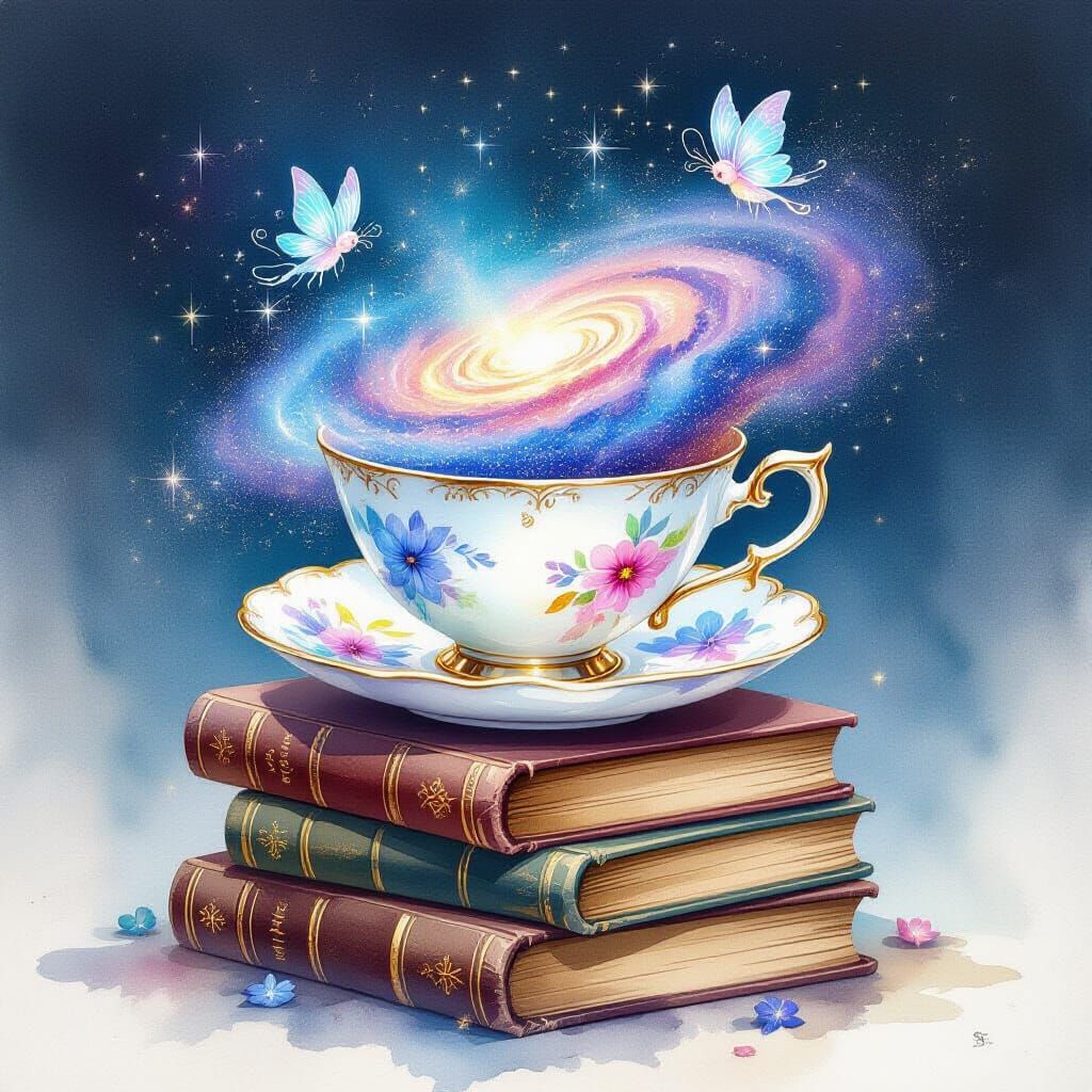 Cosmic Teacup on Book Island, Watercolor Illustration