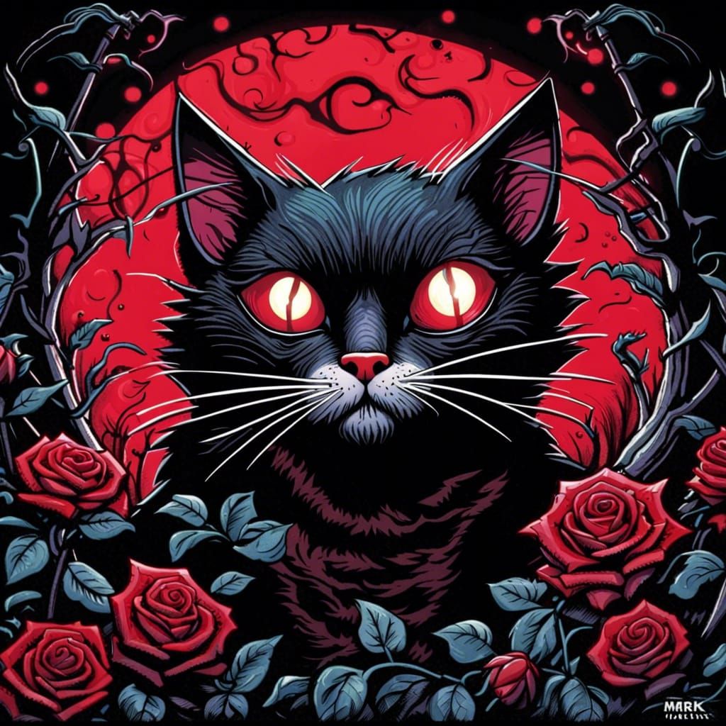 Gothic Horror Cartoon Cat in Crimson Rose Garden