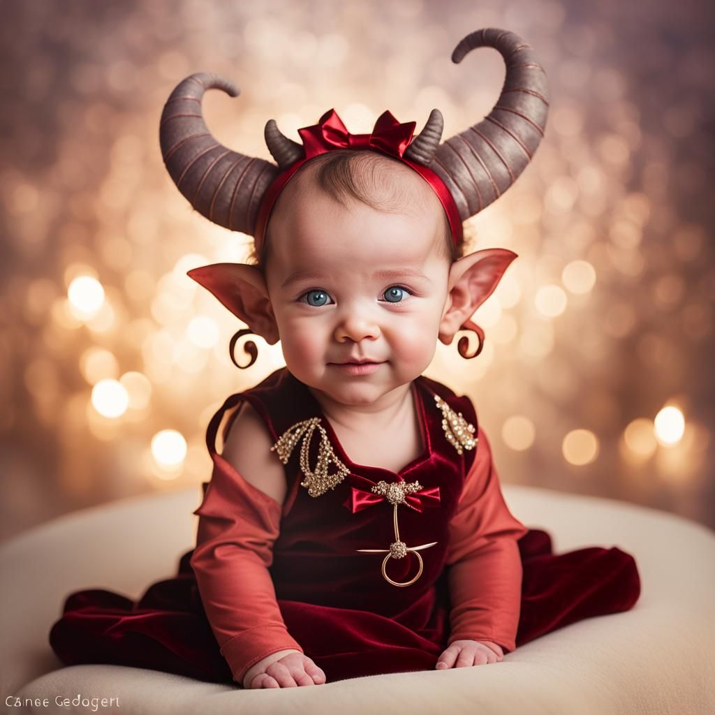 Whimsical Baby Tiefling Portrait with Velvet Cushion