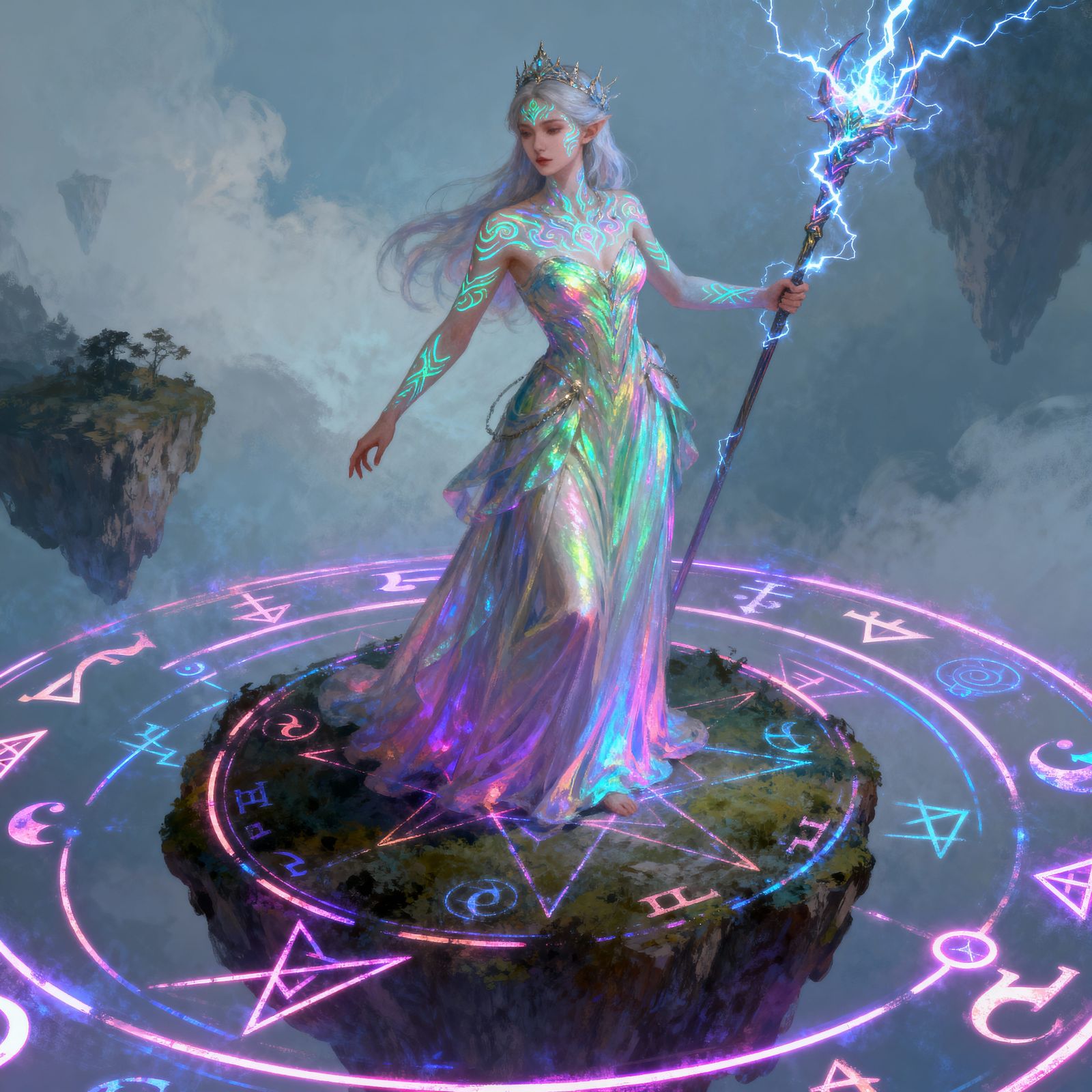 Regal Princess on Floating Island in Ethereal Fantasy Art St...