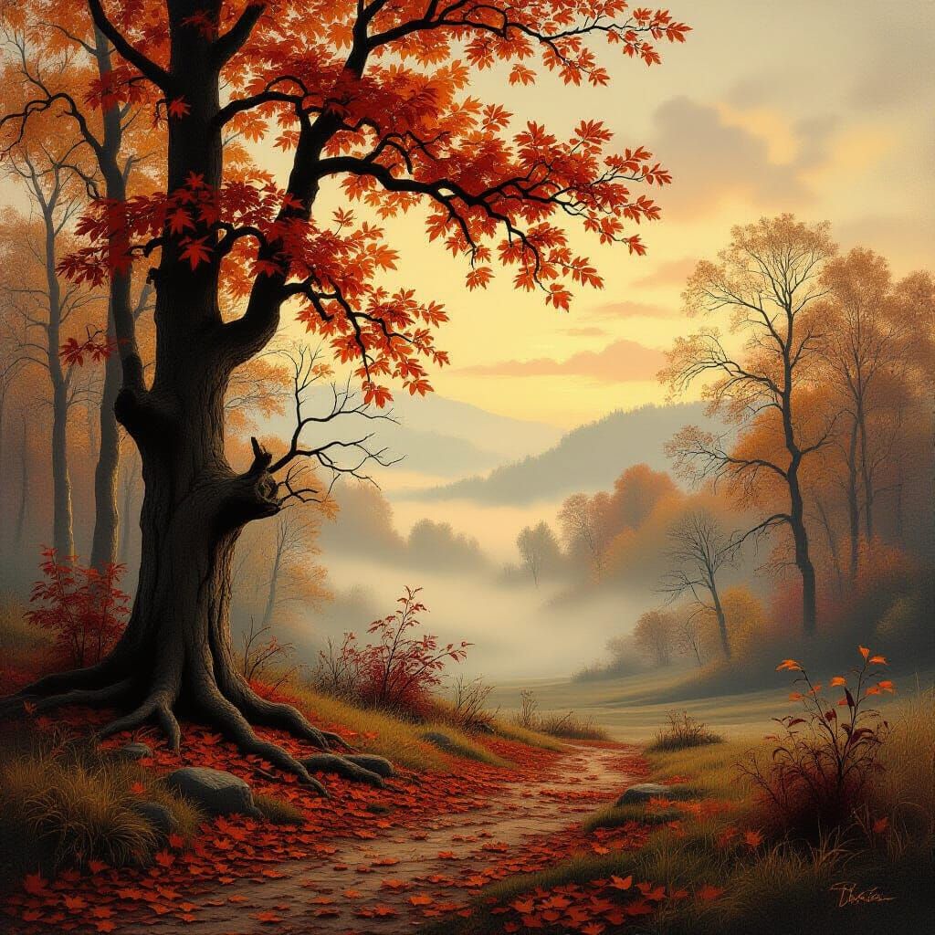 Moody Vintage Fall Landscape with Misty Trees
