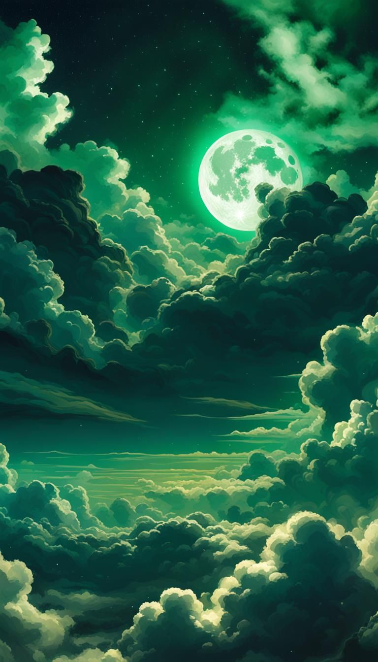 Smiling Emerald Moon in Starry Night Sky