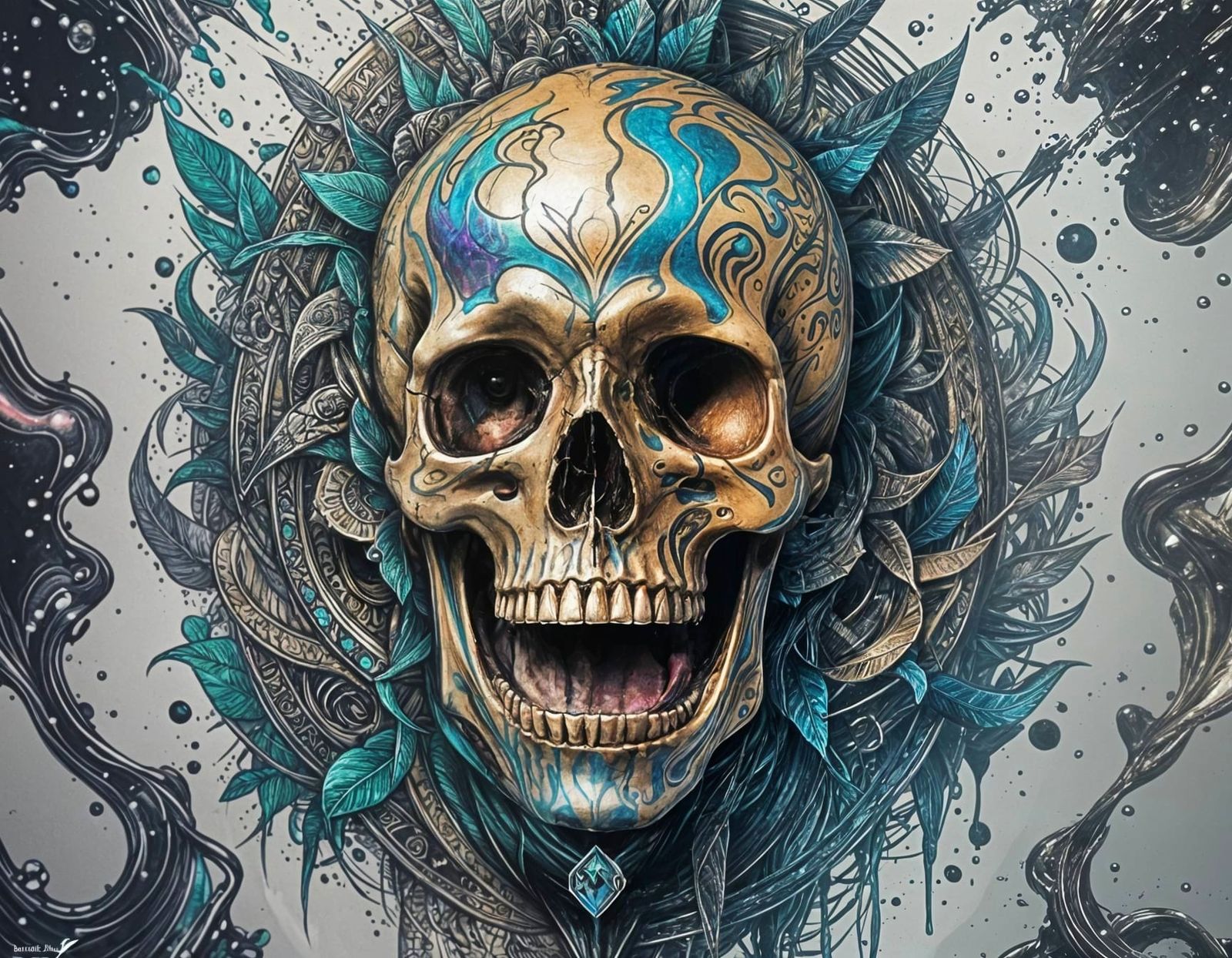 Tribal Tattoo Skull in Iridescent Digital Art