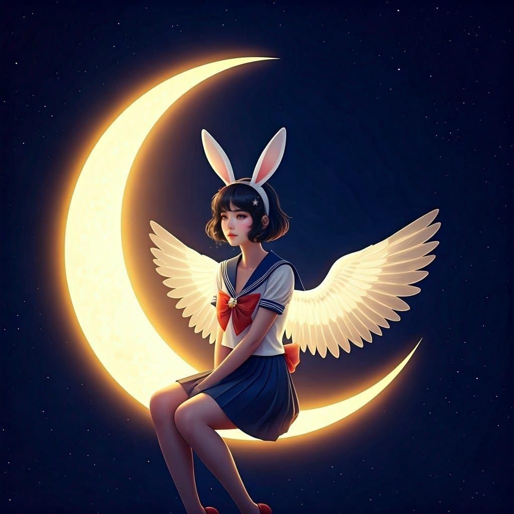 Luminous Moon Goddess in Sailor Suit with Feathery Wings