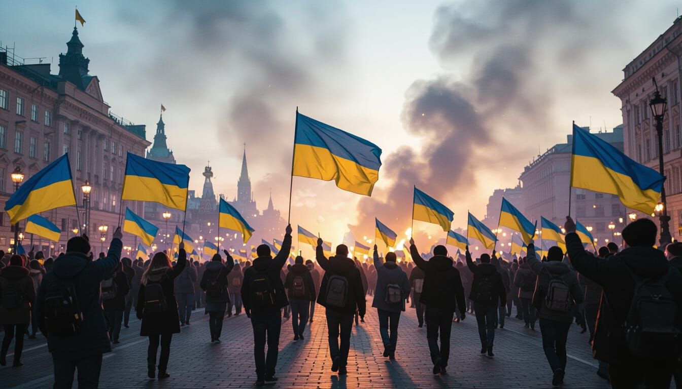 Defiant Crowds Wave Ukrainian Flags in Tense Square