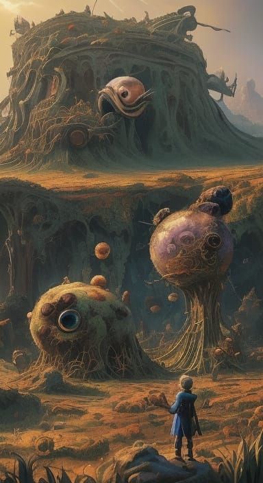 Surreal Dreamscape with Funny Figures and Baby-Filled Mouth