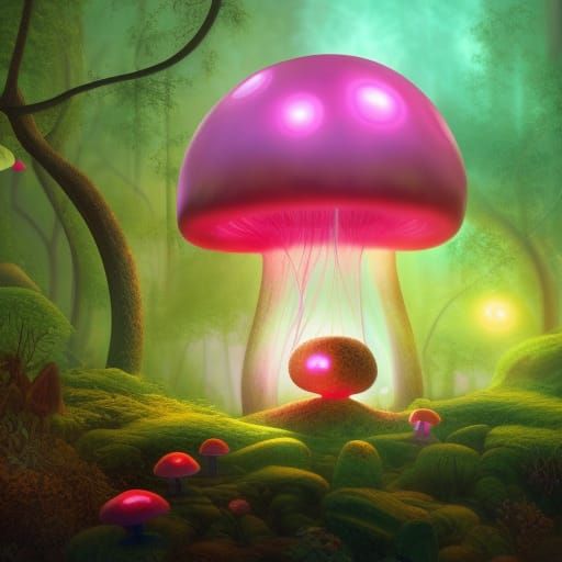 Psychedelic Glowing Mushrooms and Giant Mouse in 3D Art