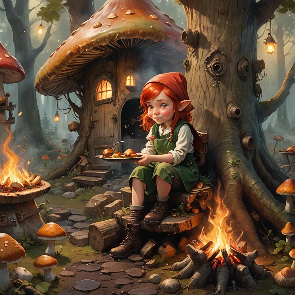 Gnome Girl Roasting Dinner in Enchanted Forest