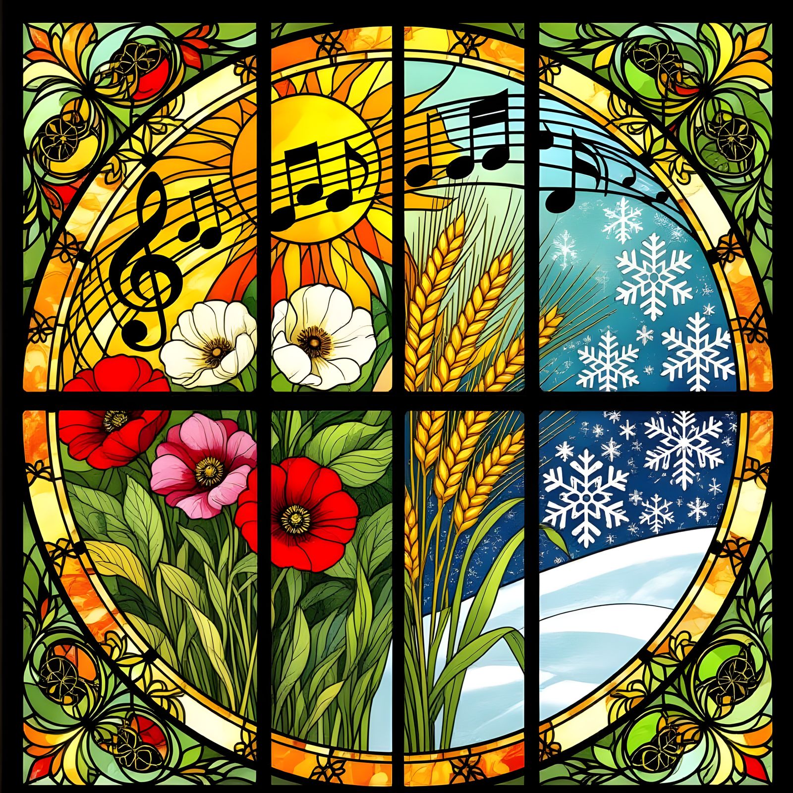 Stained Glass Window: Musical Notes in Art Nouveau Style