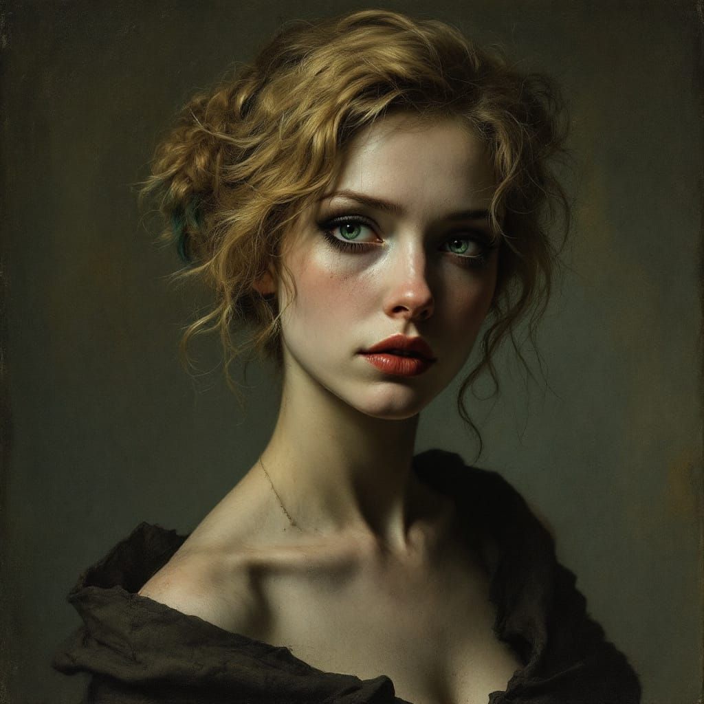 Melancholy Pin-Up Woman with Bold Eyes in Chiaroscuro