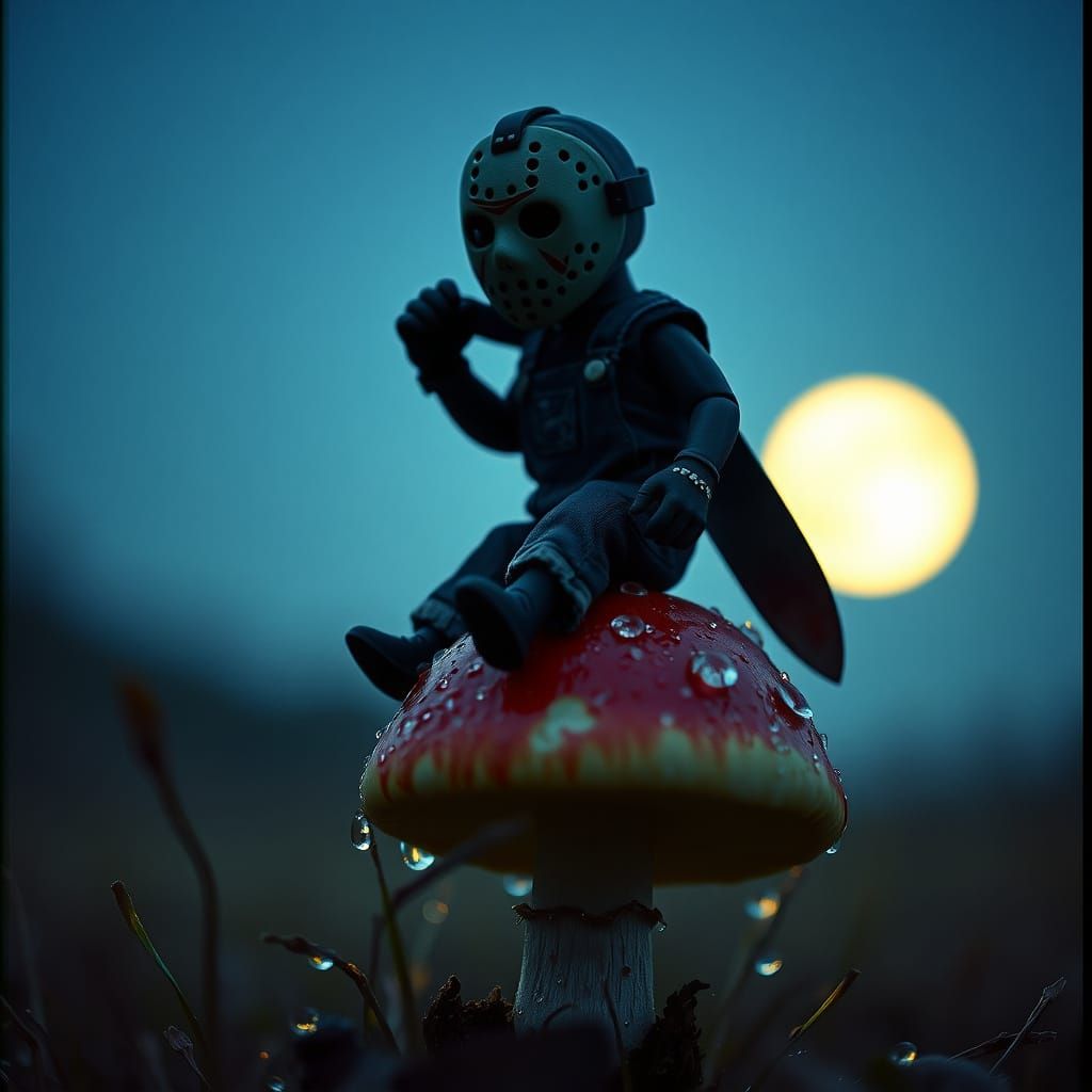 Miniature Horror Icon Sits on a Mushroom in Moonlit Forest