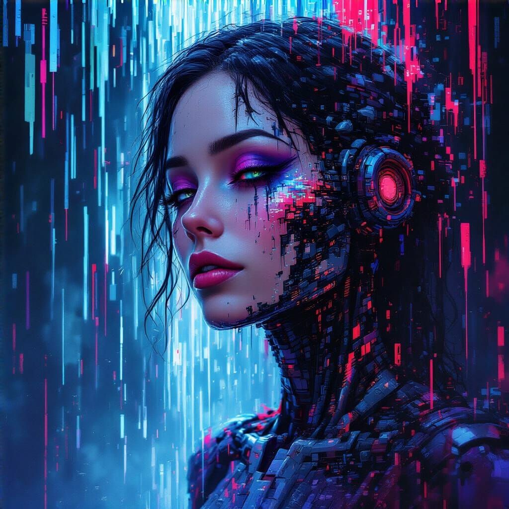 Cyborg Woman Dissolving into Pixels in Cyberpunk Style