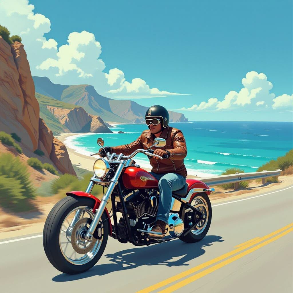 Motorcyclist Rides Chopper on Coastal Road in Digital Art