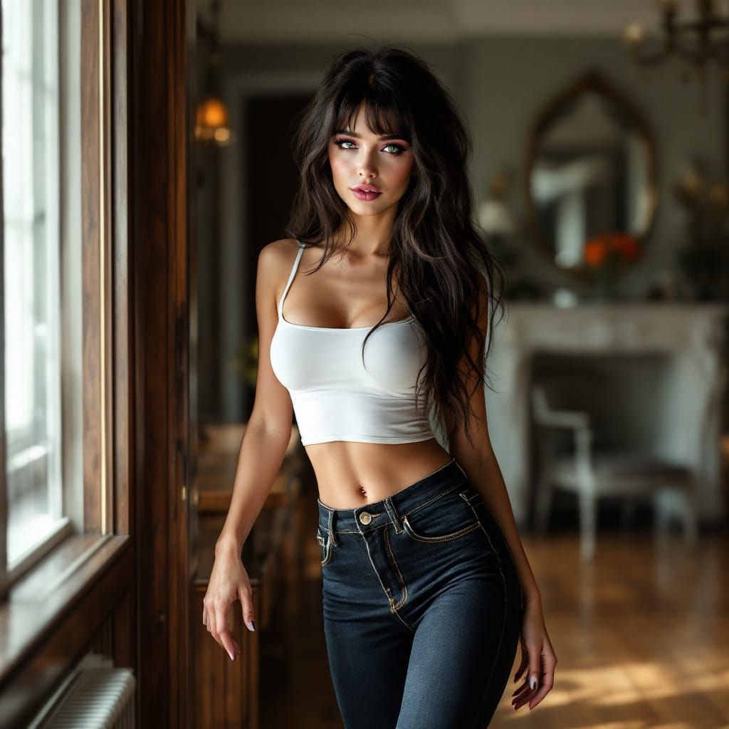 Woman in Skintight Denim Beckons from Mansion