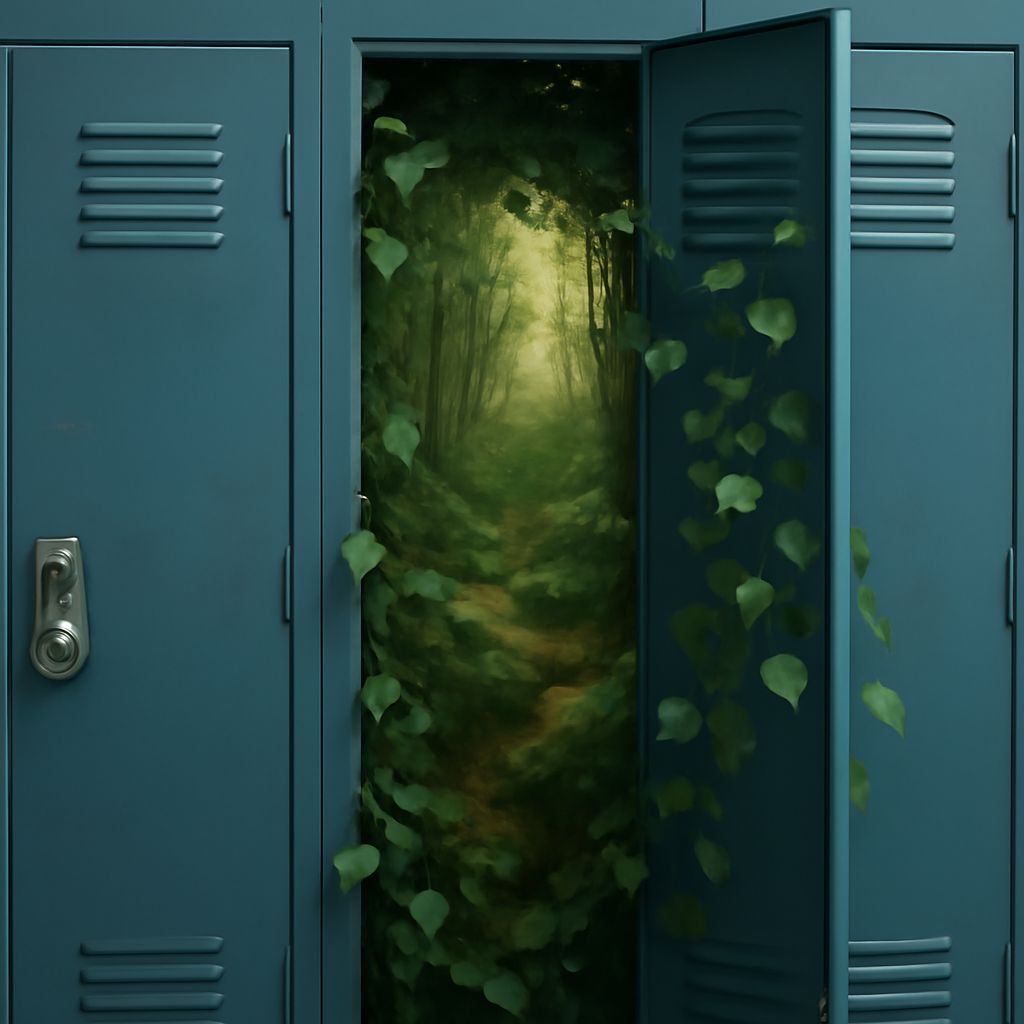 A school locker that opens to reveal a lush forest, vines spilling out