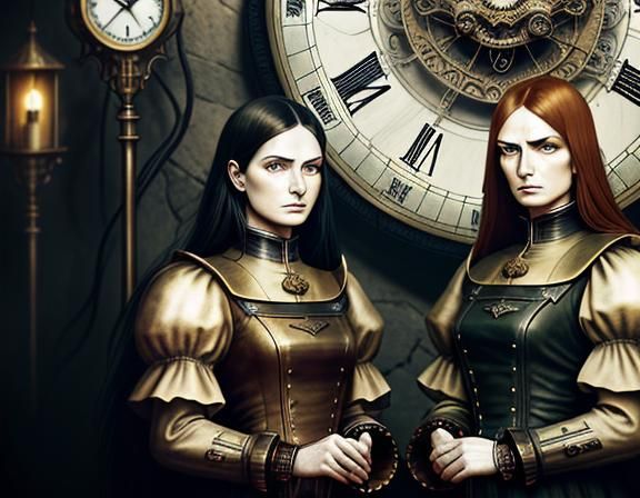 Steampunk Twins in Time Machine: Dark Fantasy Art