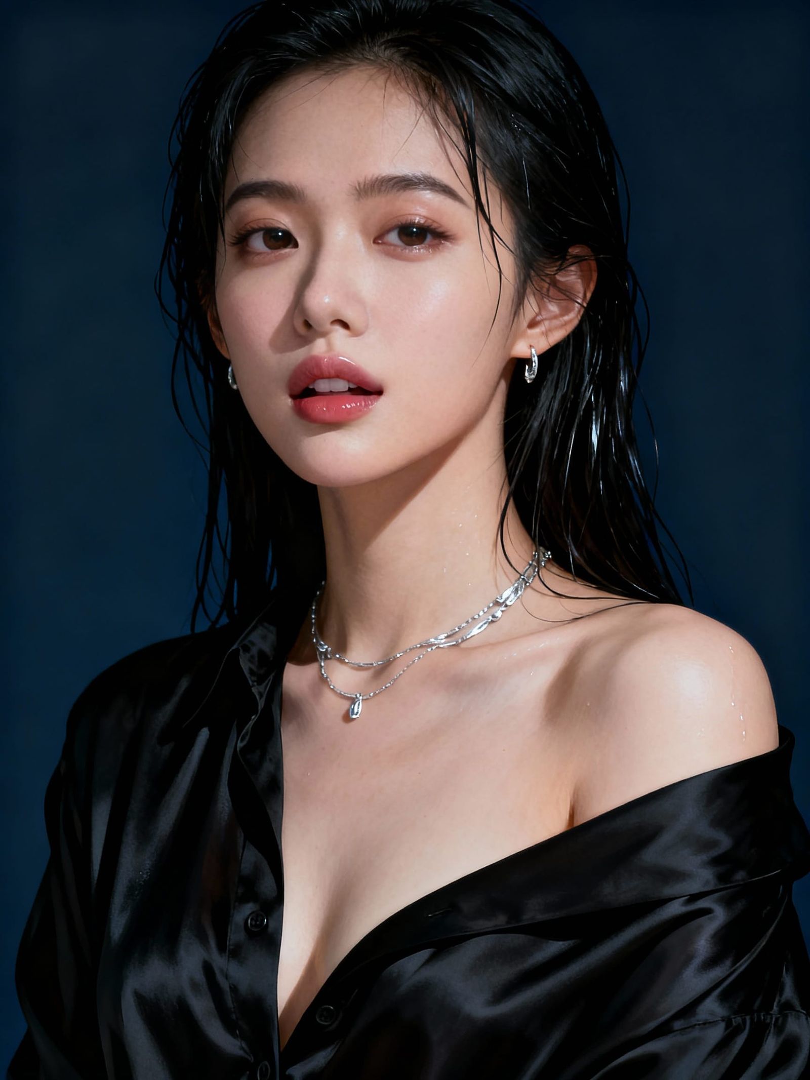 Elegant Asian Woman in Silky Drapes: Cinematic Portrait