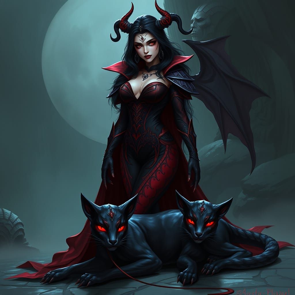 Dark Seductress with Feline Familiar in Gothic Fantasy Art