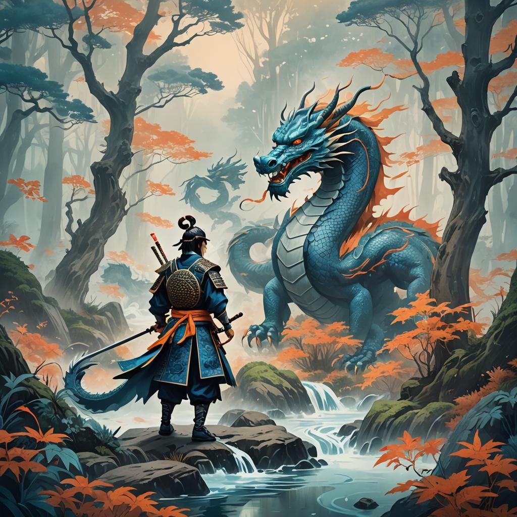 Mythical Dragon and Samurai in Japanese Print Style