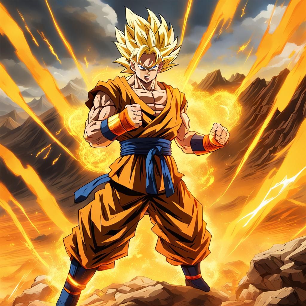 Energy-Filled Saiyan Warrior in a Desert Battle