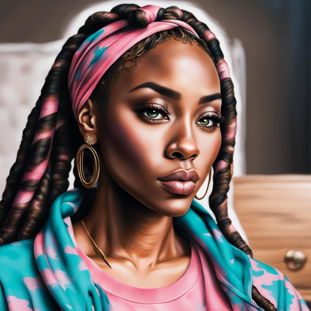 Airbrush Portrait: Woman with Locs in Cozy Bedroom