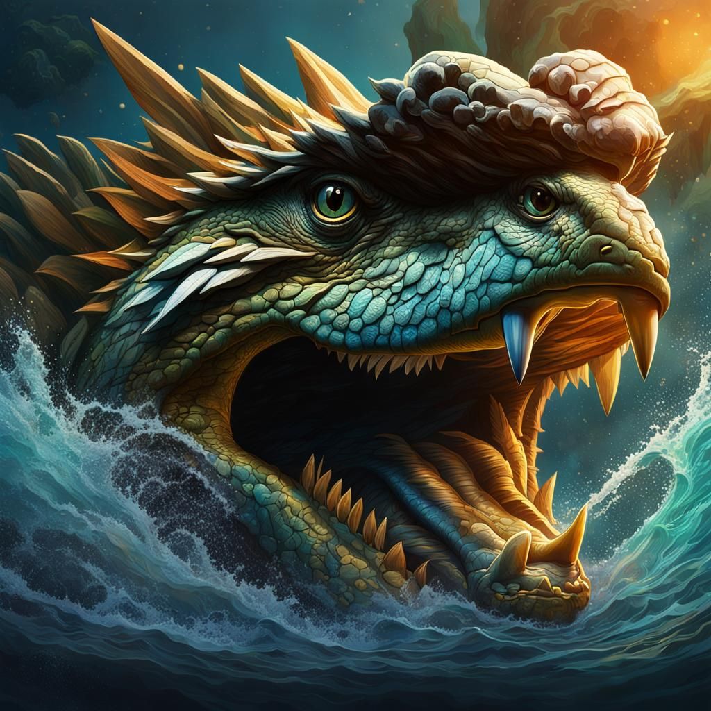 Crocodile-Eagle-Fish Mythical Beast in Hyperrealistic Style