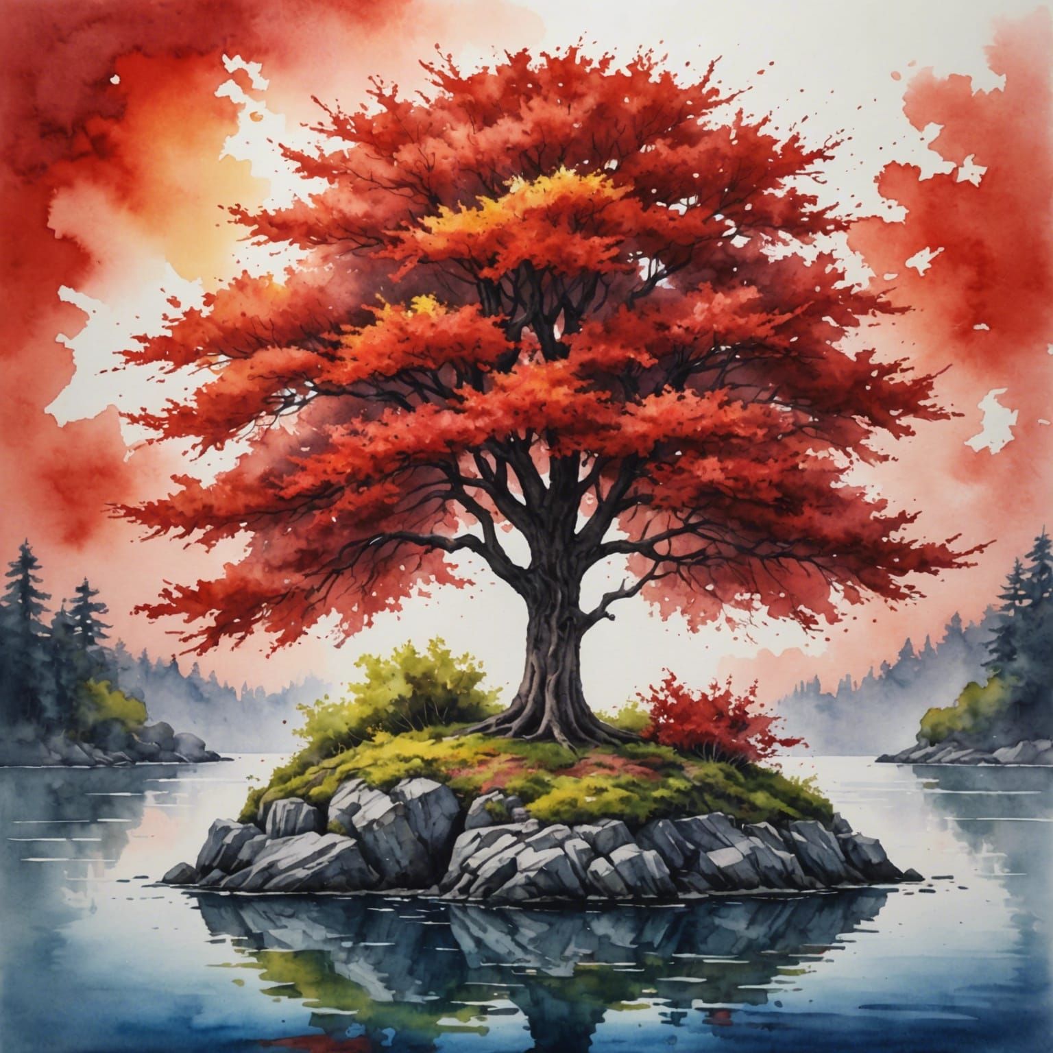 Watercolor Red Tree on Island: Hyperrealistic Splash Art